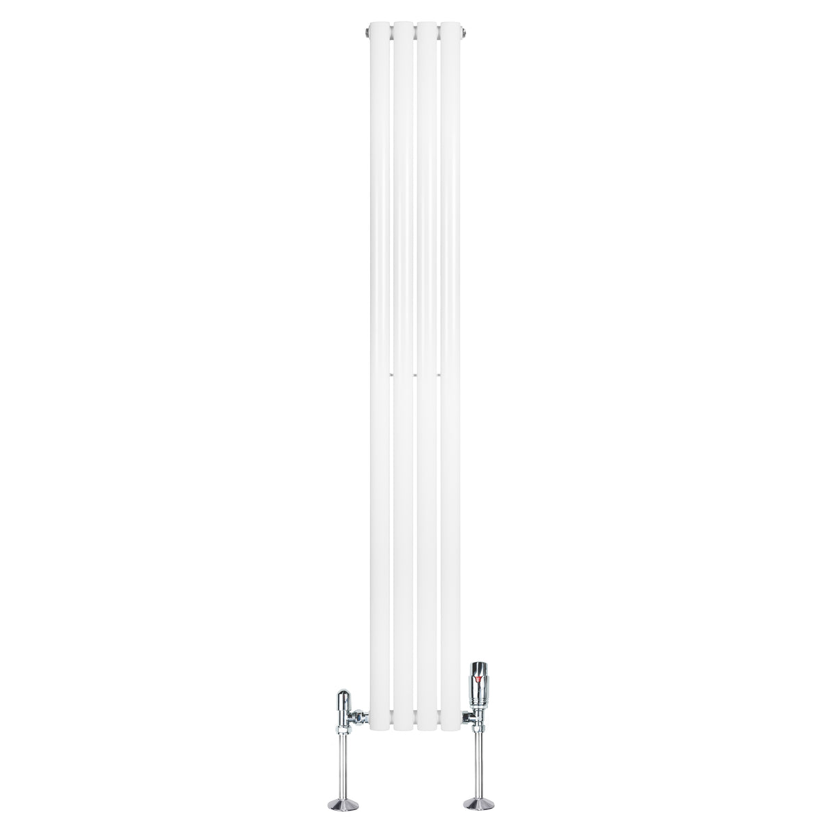 Oval vit enkelpelarradiator med släta, vertikala rör och glänsande ventiler, mått 1800 mm x 240 mm, modern design