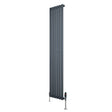 Oval enkelkolonnsradiator i antracitgrå, 1800 mm x 360 mm, med släta, vertikala lameller och synliga ventiler i metall