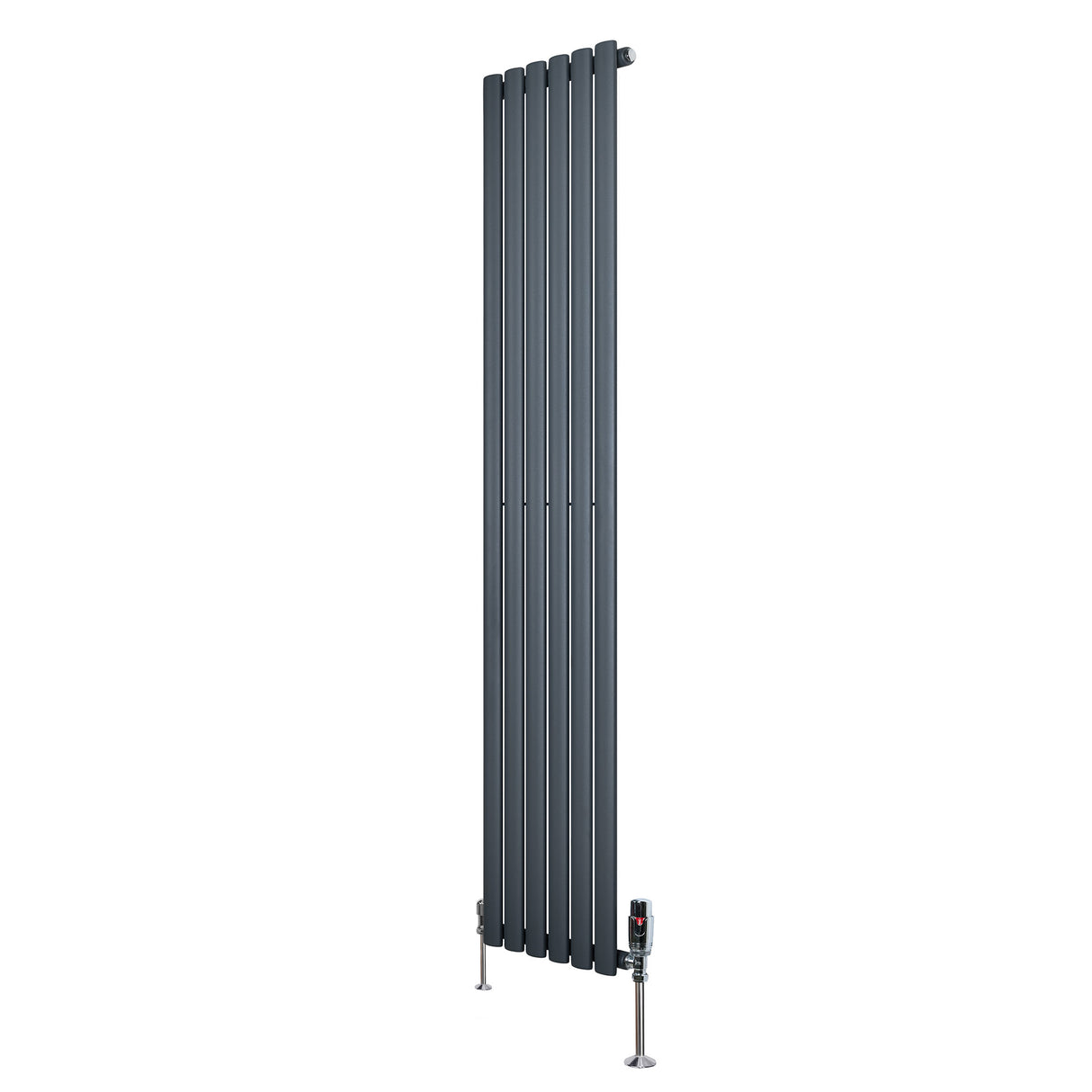 Oval enkelkolonnsradiator i antracitgrå, 1800 mm x 360 mm, med släta, vertikala lameller och synliga ventiler i metall