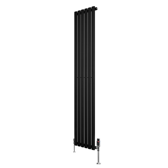 Svart oval enkelkolonnsradiator med sex vertikala lameller och ventiler, elegant design för modern inredning, 1800 mm x 360 mm