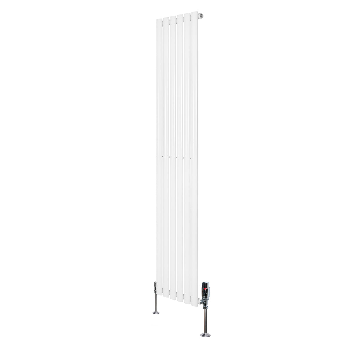 Oval vit enkelkolonnsradiator med ventiler, 1800 mm x 360 mm, slät yta och modern design, perfekt för inredning och värme