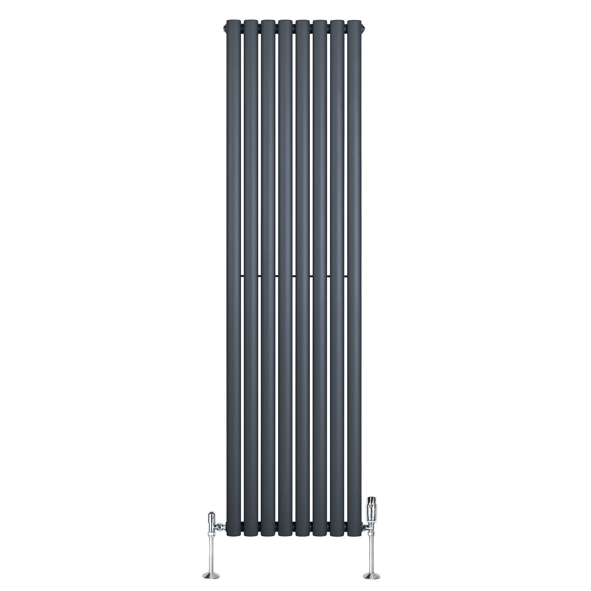 Oval enkelkolonnsradiator i antracitgrå, 1800 mm x 480 mm, med släta, vertikala ribbor och synliga ventiler i metall
