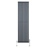 Oval enkelkolonnsradiator i antracitgrå, 1800 mm x 480 mm, med släta, vertikala ribbor och synliga ventiler i metall