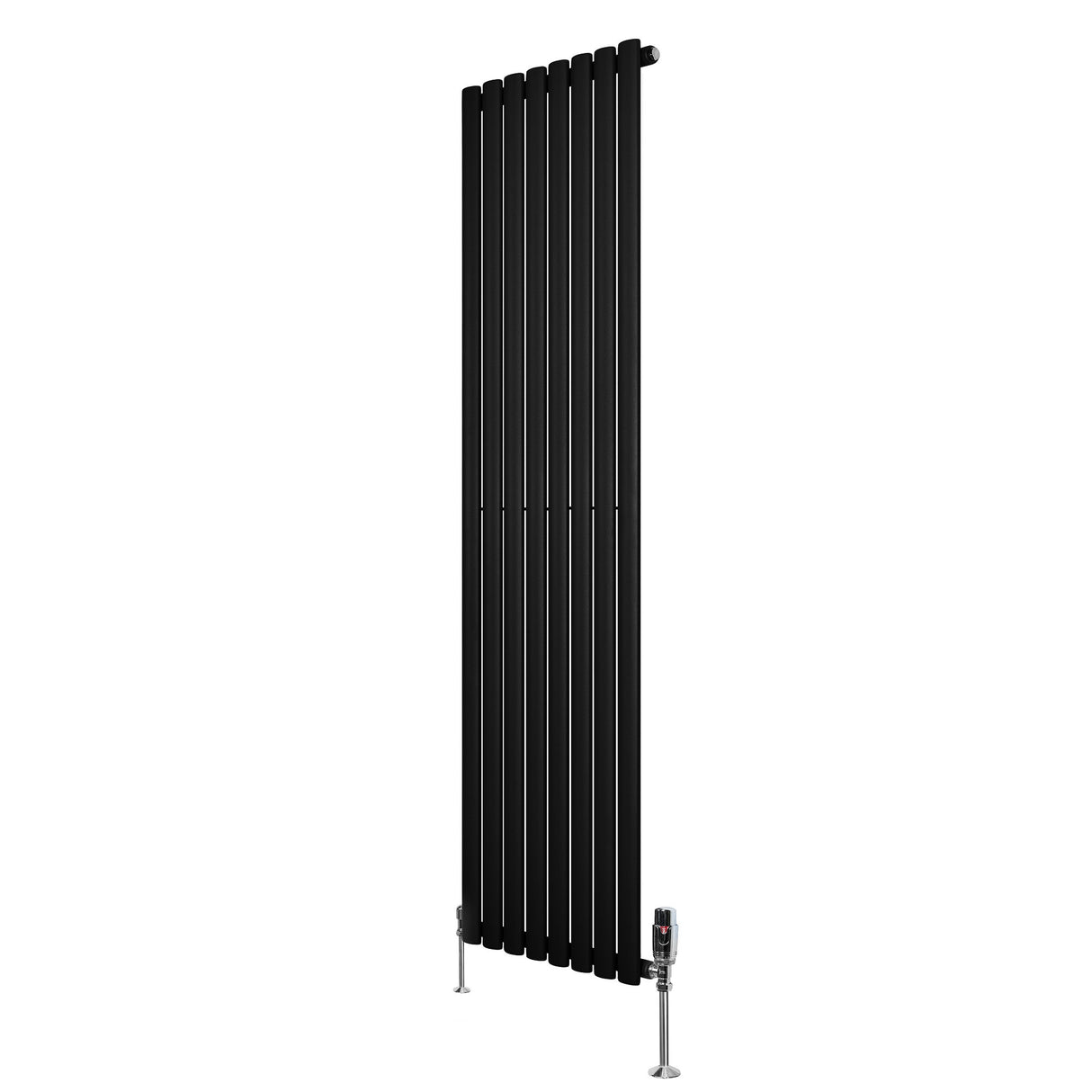 Svart oval enkelkolonnsradiator med sju vertikala lameller, 1800 mm x 480 mm, elegant design och moderna ventiler i metall