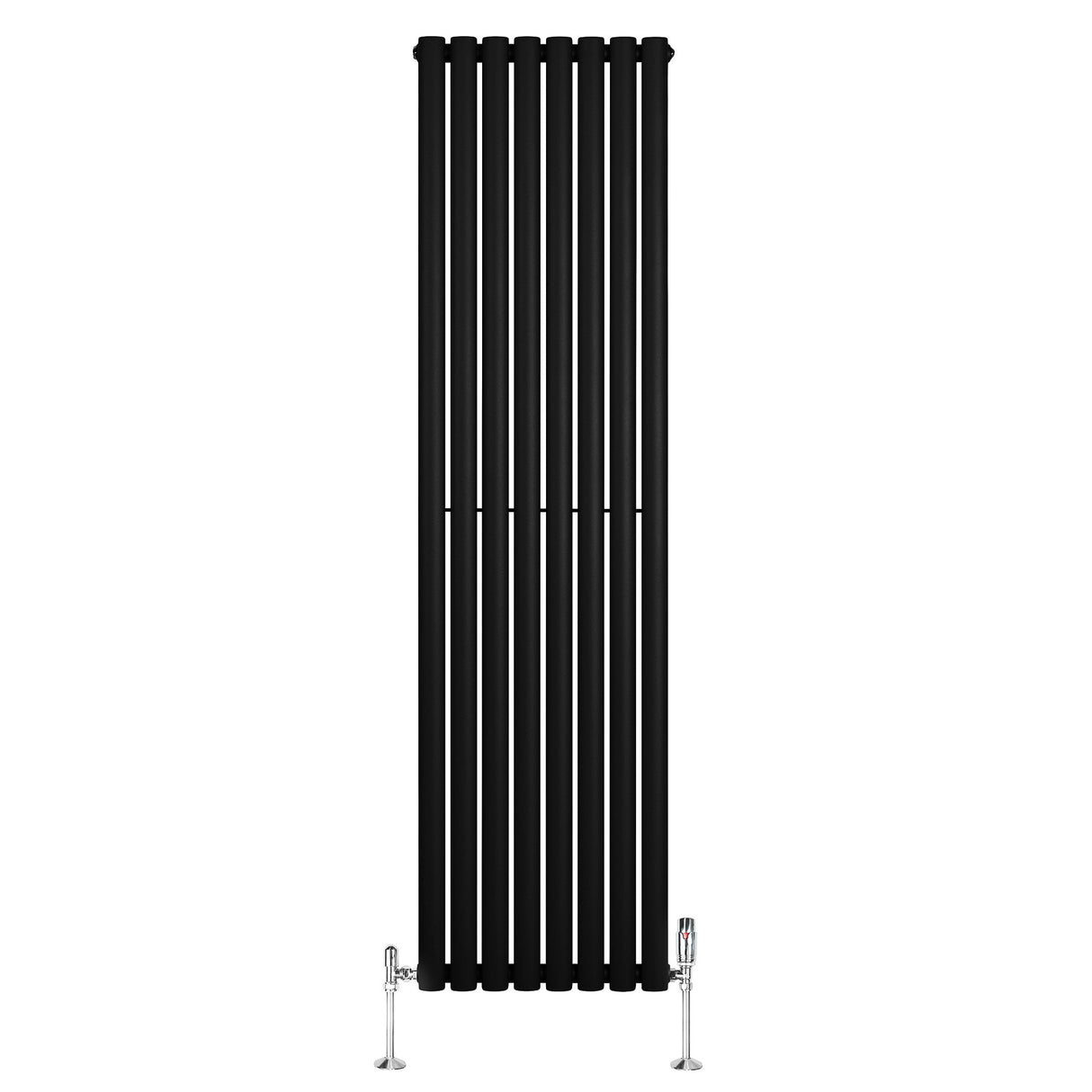 Svart oval enkelkolonnsradiator med sju vertikala ribbor och synliga ventiler, mått 1800 mm x 480 mm, modern design