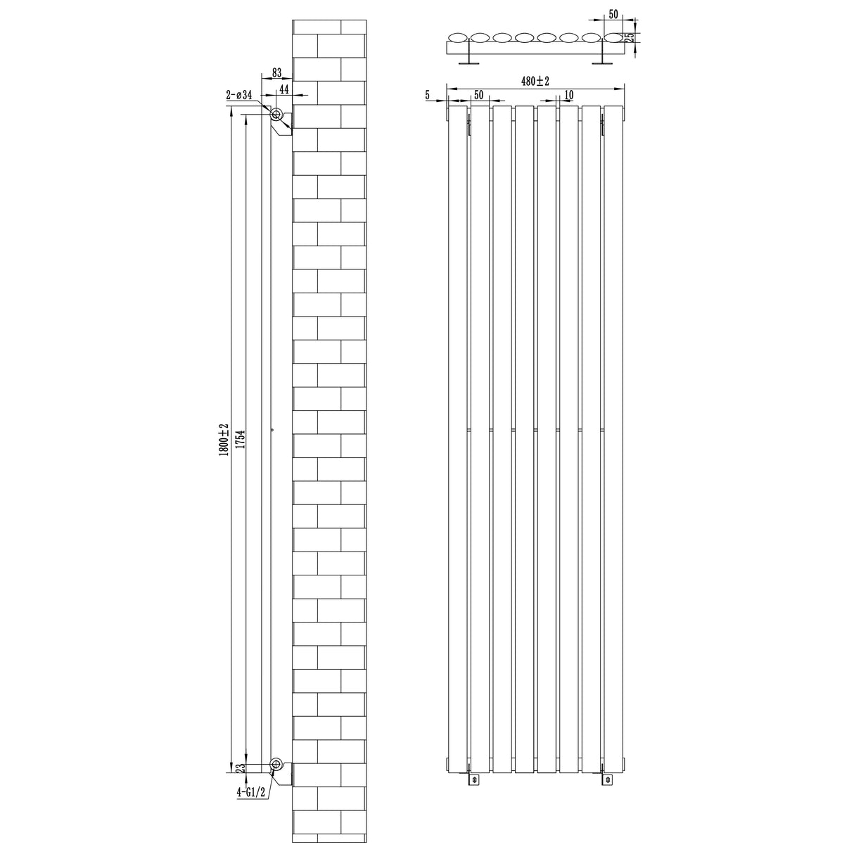 Oval svart enkelkolonnsradiator med ventiler, mått 1800 mm x 480 mm, elegant design och släta ytor för modern inredning