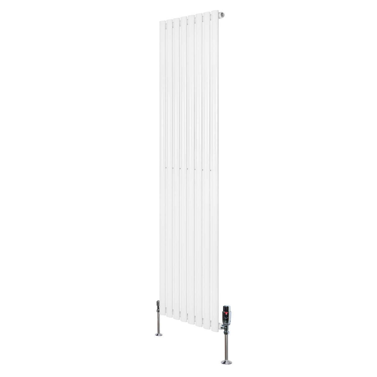 Oval vit enkelpelarradiator med ventiler, 1800 mm x 480 mm, slät yta och moderna linjer, perfekt för inredning och uppvärmning