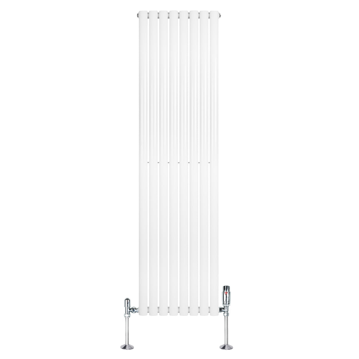 Oval enkelpelarradiator i vit färg, 1800 mm x 480 mm, med släta ytor och kromade ventiler för modern inredning