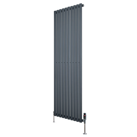 Oval enkelkolonnsradiator i antracitgrå, 1800 mm x 600 mm, med släta, vertikala lameller och ventiler för effektiv värme