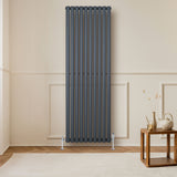 Oval enkelkolonnsradiator i antracitgrå, 1800 mm x 600 mm, med släta ytor och stilren design, placerad mot en vägg i ett ljust rum