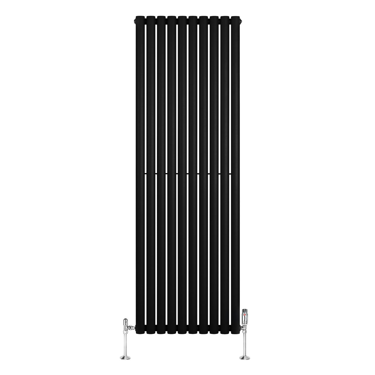 Svart oval enkelkolonnsradiator med slanka vertikala ribbor, 1800 mm x 600 mm, monterad med ventiler i nedre hörn