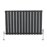 Platt enkelkolumnsradiator i antracitgrå med släta, vertikala ribbor och synliga ventiler, perfekt för modern inredning
