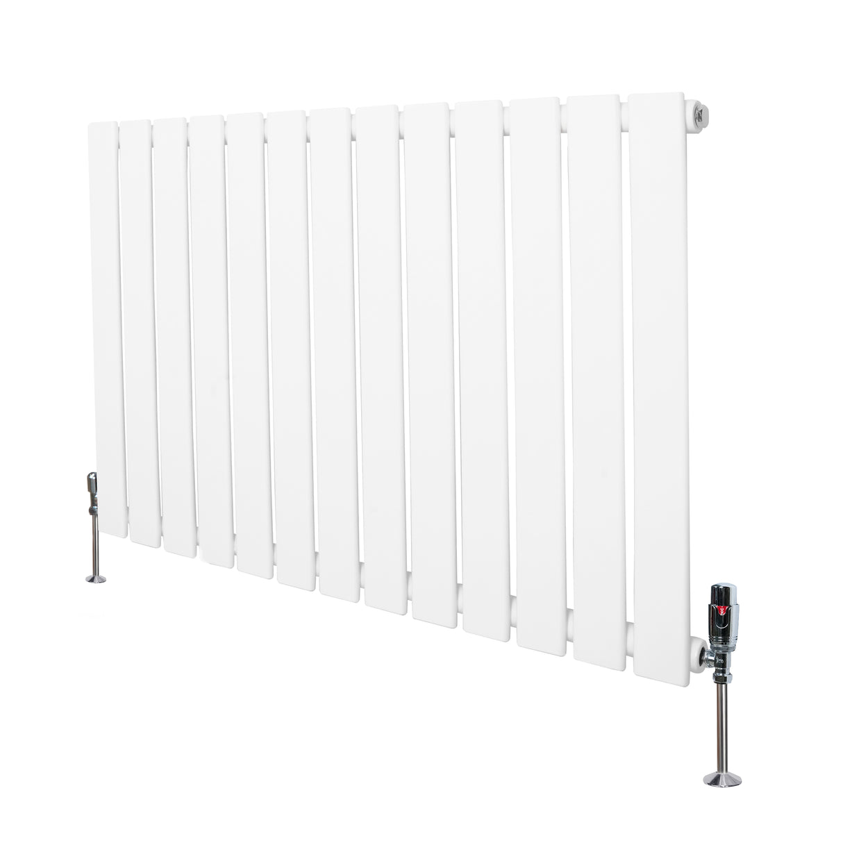 Platt enkelkolumnsradiator i vit färg, 600 mm x 910 mm, med släta ytor och ventiler på sidorna för effektiv värmeöverföring