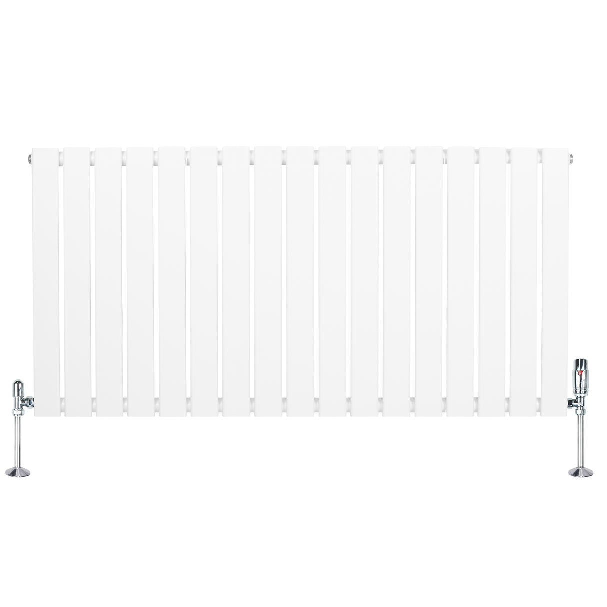Platt enkelkolumnsradiator i vit färg med släta ytor och ventiler, mått 600 mm x 1190 mm, perfekt för modern inredning