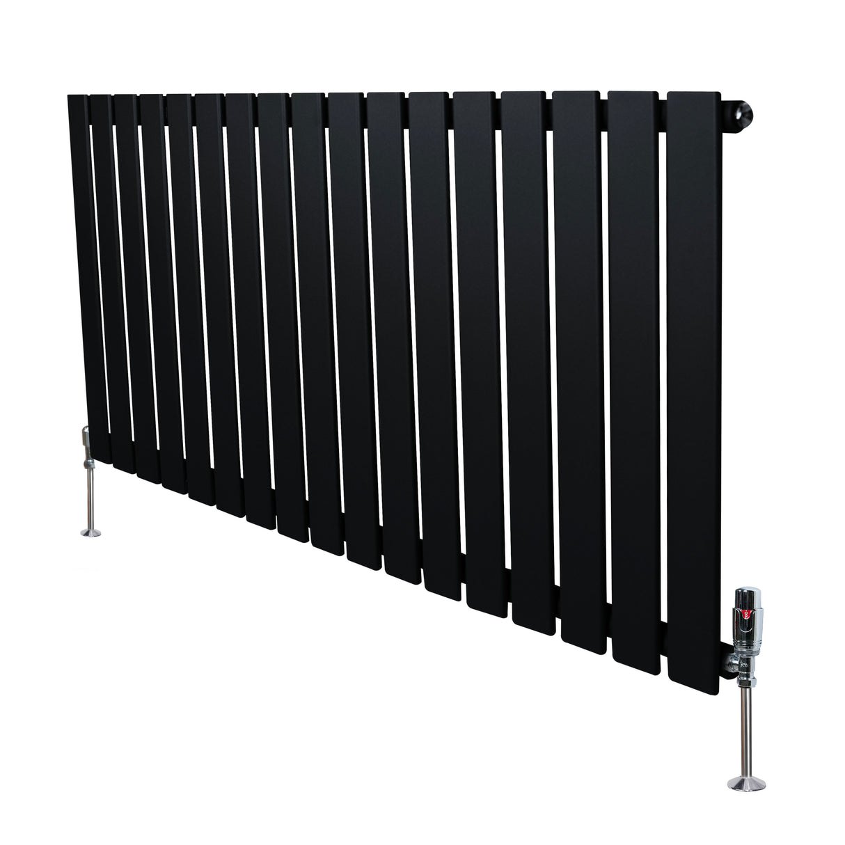 Svart platt enkelkolumnsradiator med ventiler, 600 mm x 1190 mm, med släta, vertikala lameller och stabila fötter