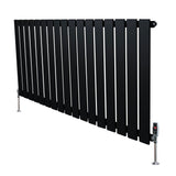 Svart platt enkelkolumnsradiator med ventiler, 600 mm x 1190 mm, med släta, vertikala lameller och stabila fötter