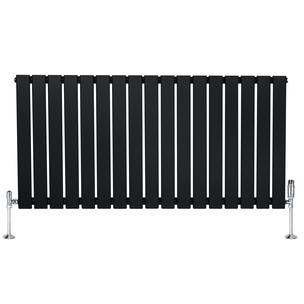 Svart platt enkelkolumnsradiator med ventiler, 600 mm x 1190 mm, med släta, vertikala lameller och glänsande metallfötter