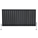 Svart platt enkelkolumnsradiator med ventiler, 600 mm x 1190 mm, med släta, vertikala lameller och glänsande metallfötter