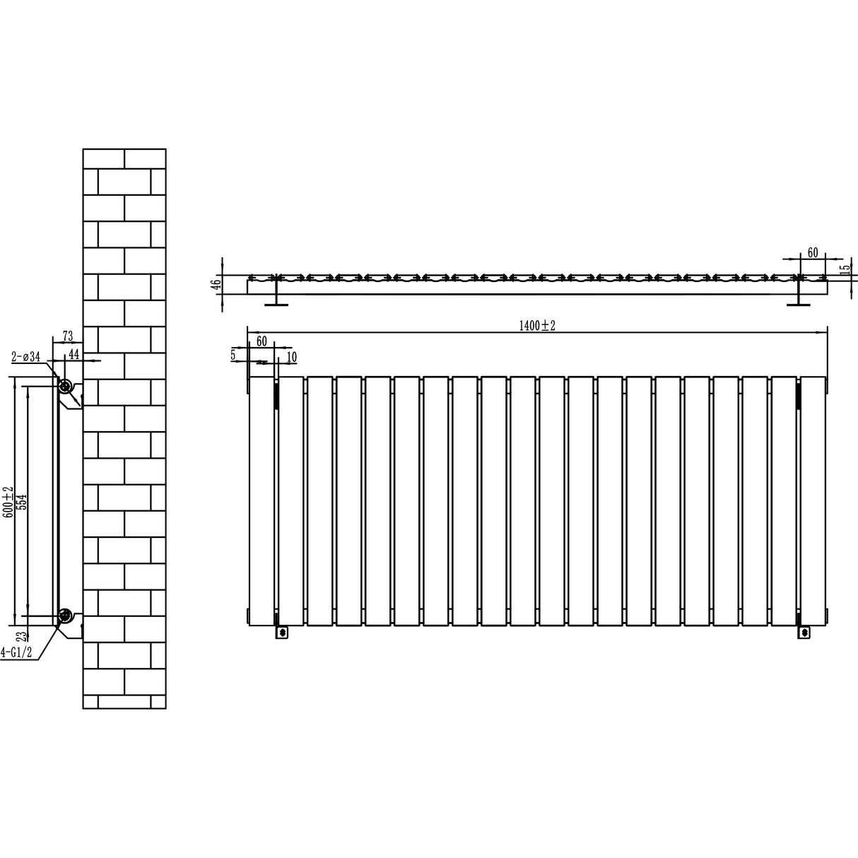 Platt enkelkolumnsradiator i antracitgrå, 600 mm x 1400 mm, med släta ytor och vertikala ribbor för effektiv värmeöverföring