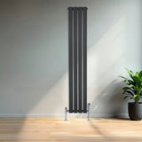 Platt enkelkolumnsradiator i antracitgrå med slanka linjer, monterad på golvet, omgiven av en grön växt i en ljus miljö