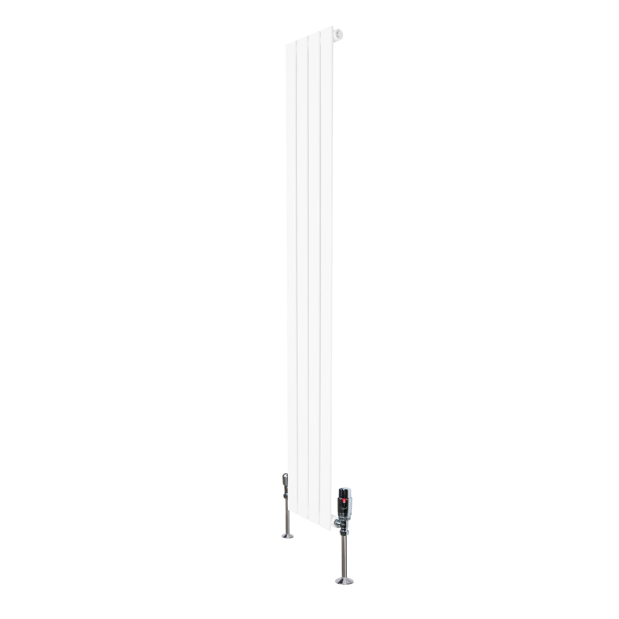 Platt enkelkolumnsradiator i vit färg, 1600 mm lång och 280 mm bred, med synliga ventiler och släta ytor för modern inredning
