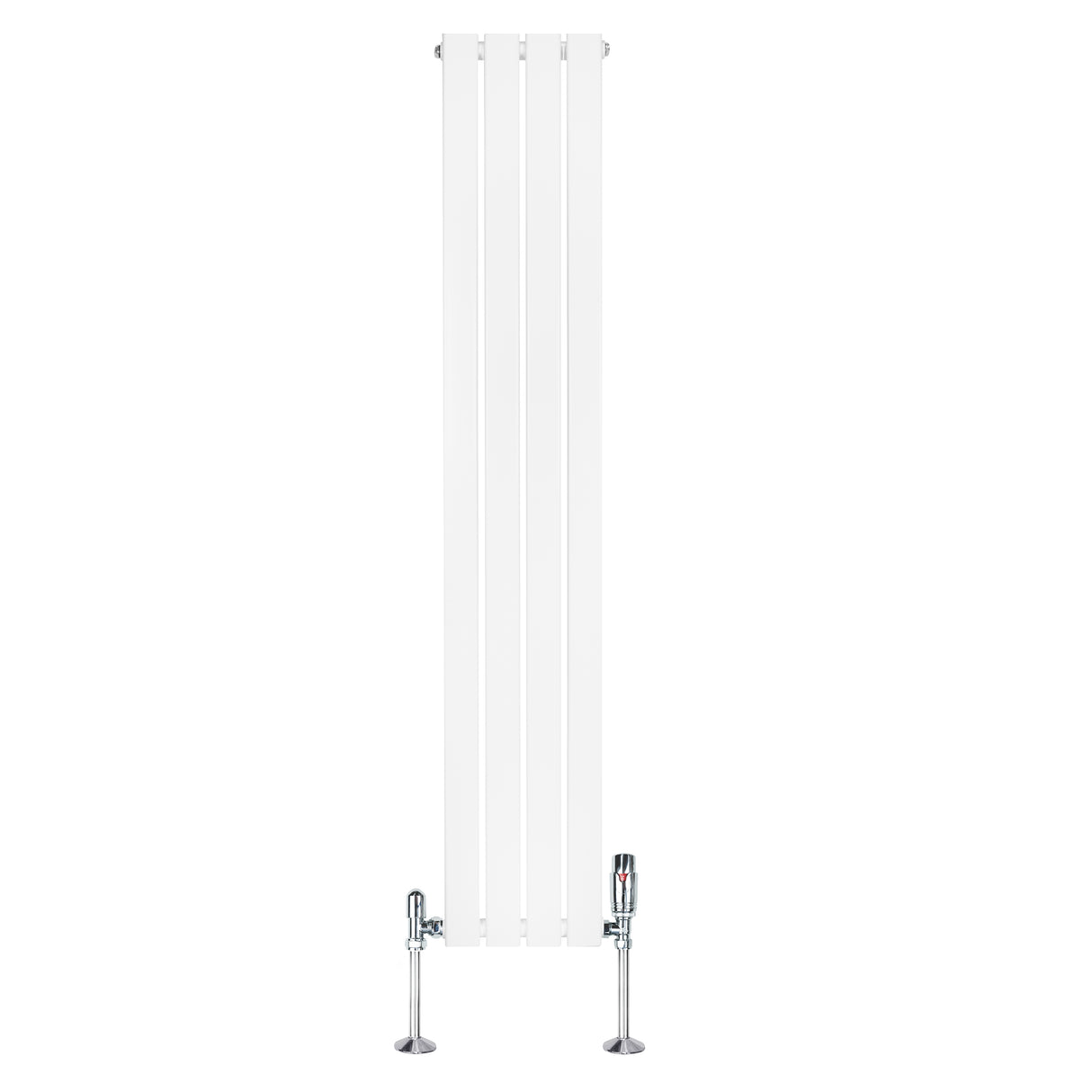 Platt vit enkelkolumnsradiator med ventiler, 1600 mm hög och 280 mm bred, har en slät yta och moderna kromade detaljer
