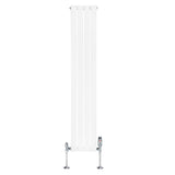 Platt vit enkelkolumnsradiator med ventiler, 1600 mm hög och 280 mm bred, har en slät yta och moderna kromade detaljer