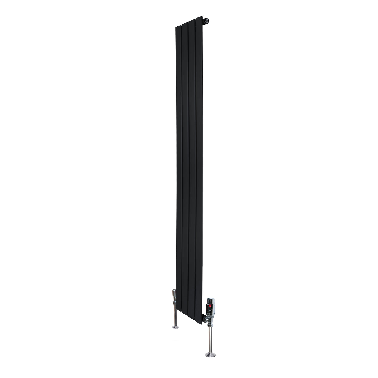 Svart platt enkelkolumnsradiator med ventiler, 1600 mm lång och 280 mm bred, med släta, moderna linjer och metallisk finish