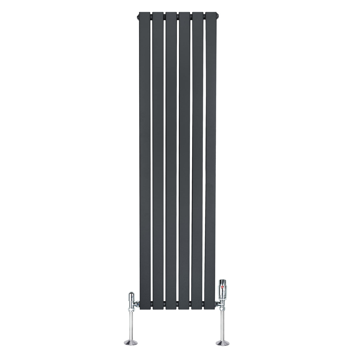 Platt enkelkolumnsradiator i antracitgrå, 1600 mm x 420 mm, med släta ytor och eleganta ventiler i metall