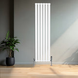 Vit platt enkelkolumnsradiator med ventiler, 1600 mm x 420 mm, placerad mot en grå vägg med en grön växt i kruka i förgrunden