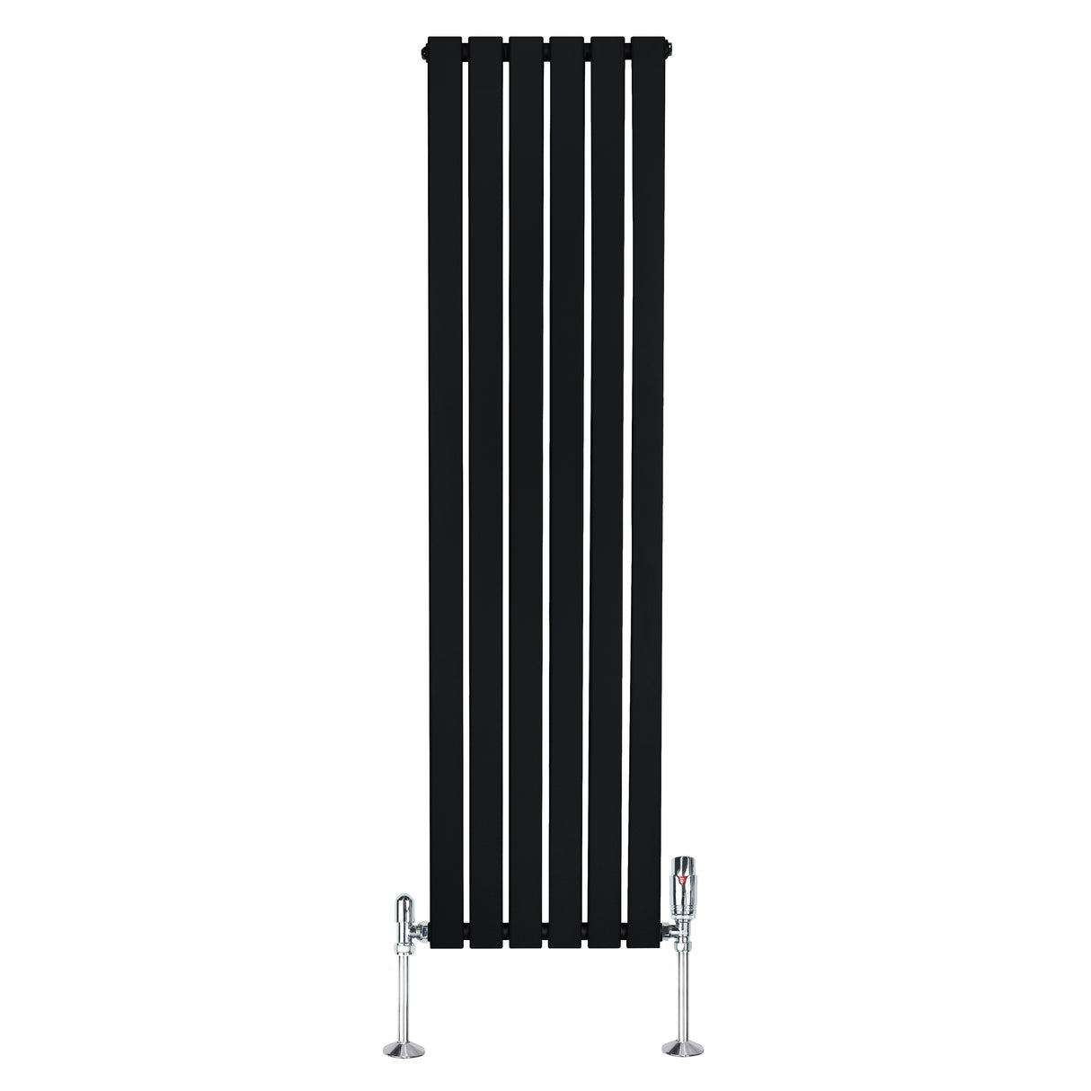 Svart platt enkelkolumnsradiator med ventiler, 1600 mm x 420 mm, med släta ytor och moderna linjer för stilren värme