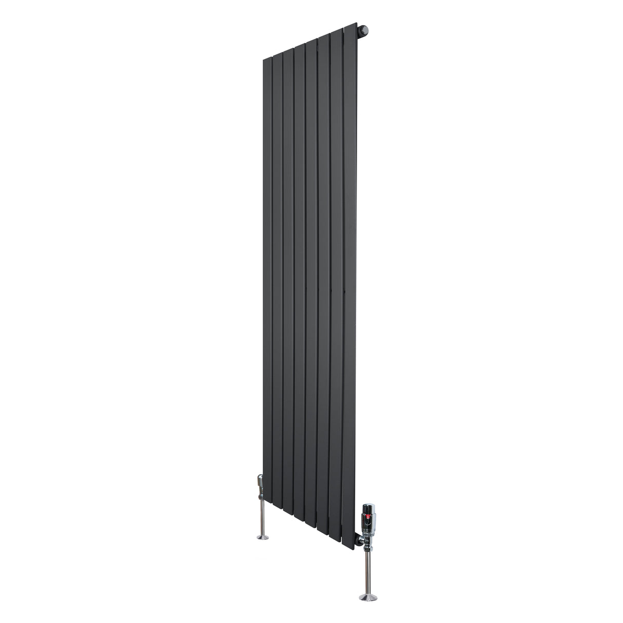 Platt enkelkolumnsradiator i antracitgrå, 1600 mm x 560 mm, med släta ytor och moderna ventiler, perfekt för stilren inredning