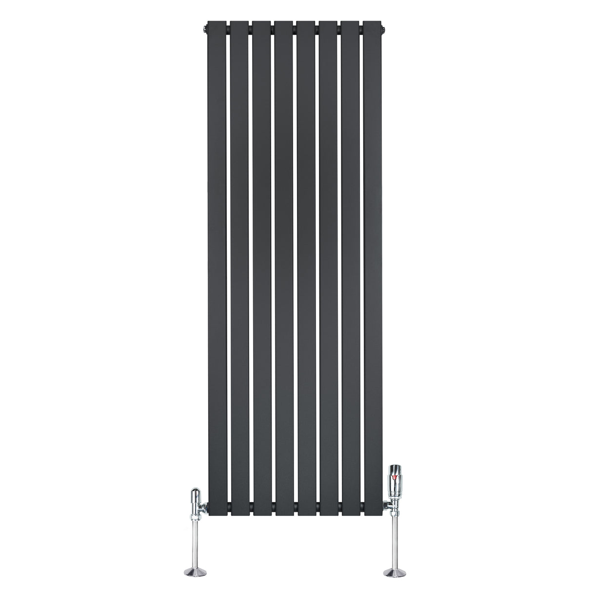 Platt enkelkolumnsradiator i antracitgrå med släta, vertikala lameller och kromade ventiler, 1600 mm x 560 mm