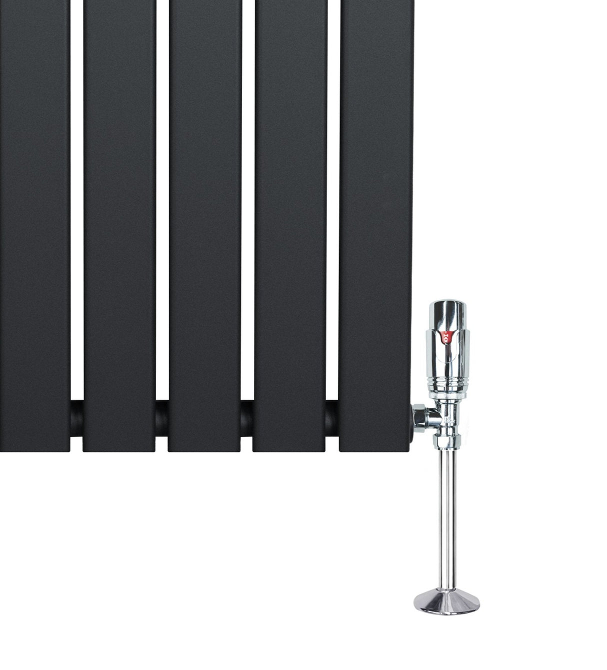 Platt enkelkolumnsradiator i antracitgrå med släta ytor och kromad ventil, mått 1600 mm x 560 mm, modern design