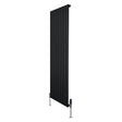 Svart platt enkelkolumnsradiator med ventiler, 1600 mm x 560 mm, med släta, vertikala ribbor och moderna detaljer