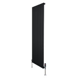 Svart platt enkelkolumnsradiator med ventiler, 1600 mm x 560 mm, med släta, vertikala ribbor och moderna detaljer