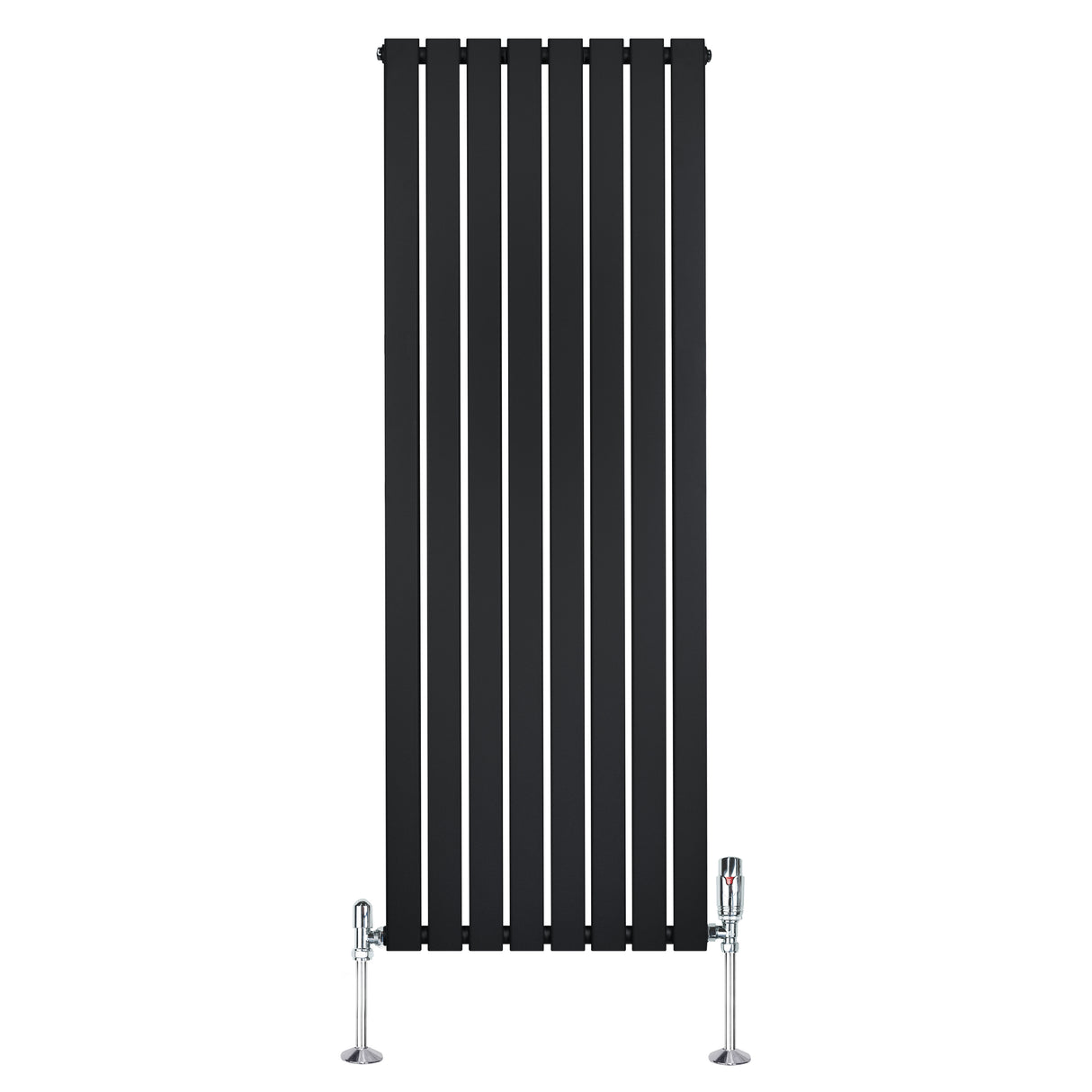 Svart platt enkelkolumnsradiator med ventiler, 1600 mm x 560 mm, vertikala lameller och glänsande metallfötter