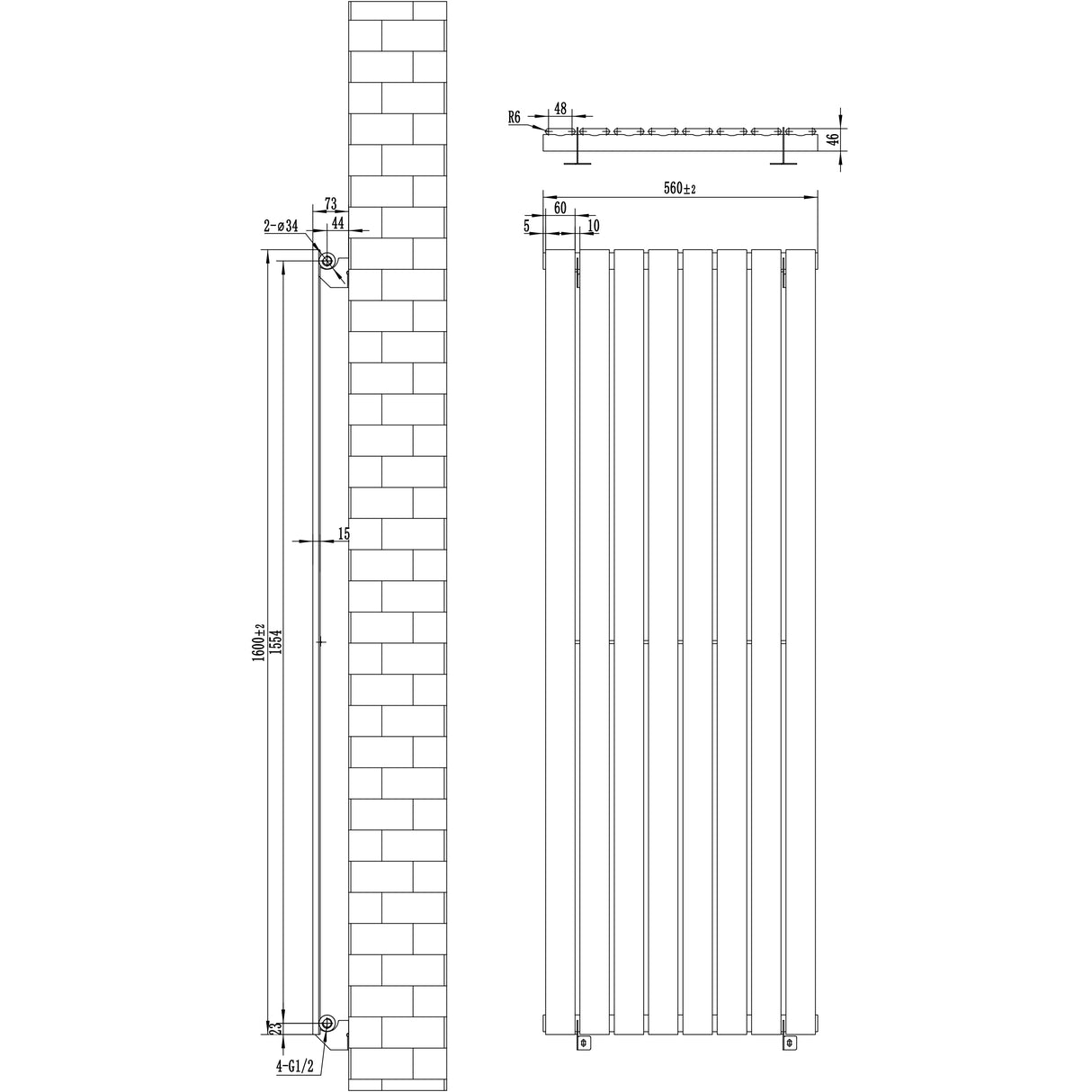 Svart platt enkelkolumnsradiator med ventiler, mått 1600 mm x 560 mm, med släta ytor och stilren design för modern inredning
