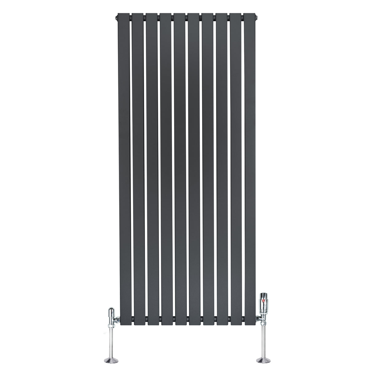 Platt enkelkolumnsradiator i antracitgrå med vertikala lameller och kromade ventiler, mått 1600 mm x 700 mm