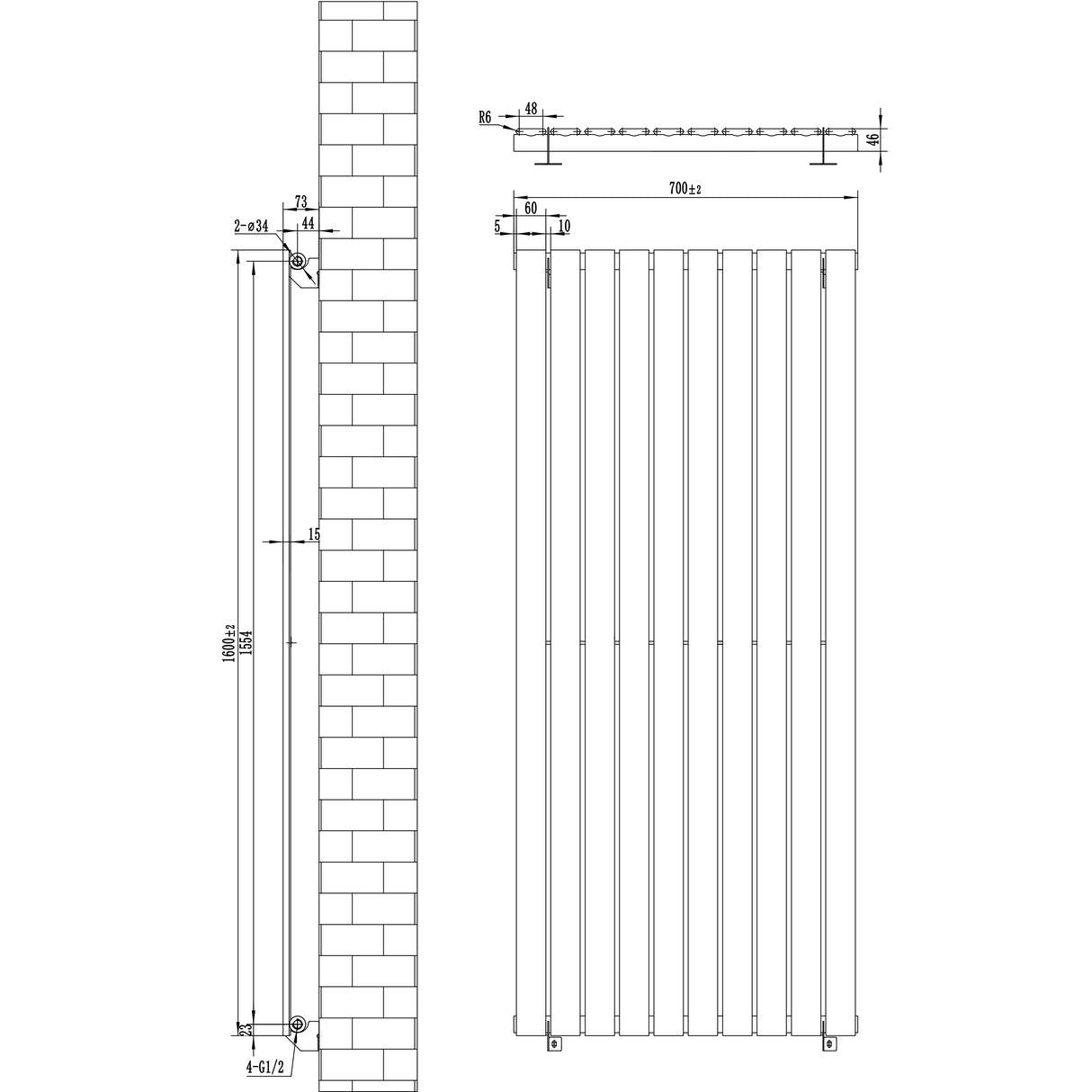 Platt enkelkolumnsradiator i antracitgrå, 1600 mm x 700 mm, med släta ytor och vertikala ribbor för effektiv värmefördelning