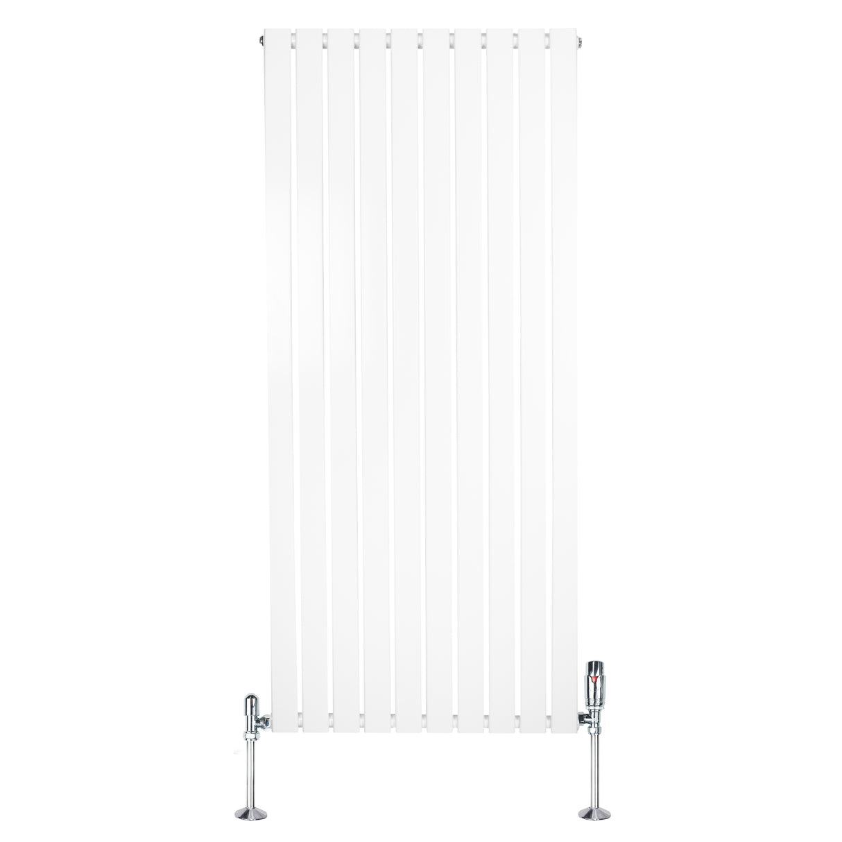 Platt, vit enkelkolumnsradiator med ventiler, 1600 mm x 700 mm, har släta ytor och en modern, minimalistisk design