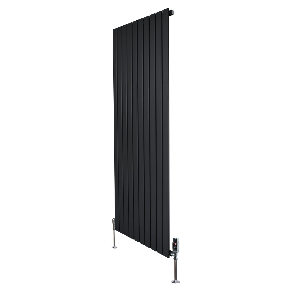 Svart platt enkelkolumnsradiator med ventiler, 1600 mm x 700 mm, med släta, vertikala lameller och stabila fötter