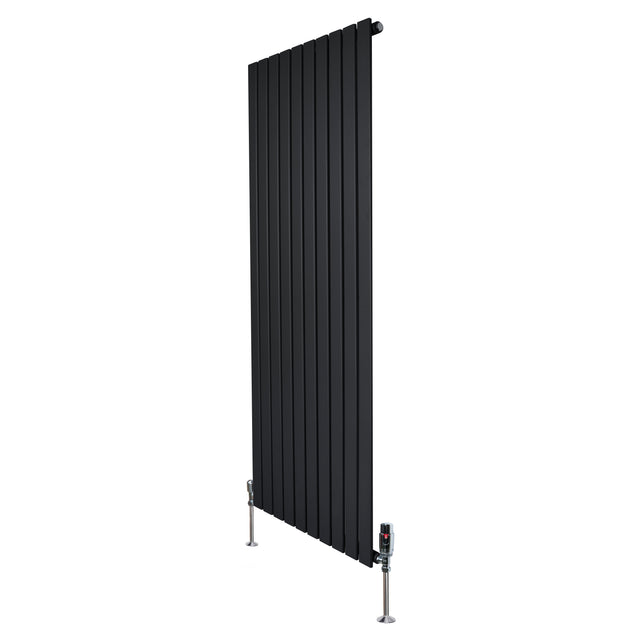 Svart platt enkelkolumnsradiator med ventiler, 1600 mm x 700 mm, med släta, vertikala lameller och stabila fötter