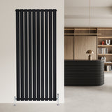 Svart platt enkelkolumnsradiator med ventiler, 1600 mm x 700 mm, med en modern och stilren design i ett elegant rum