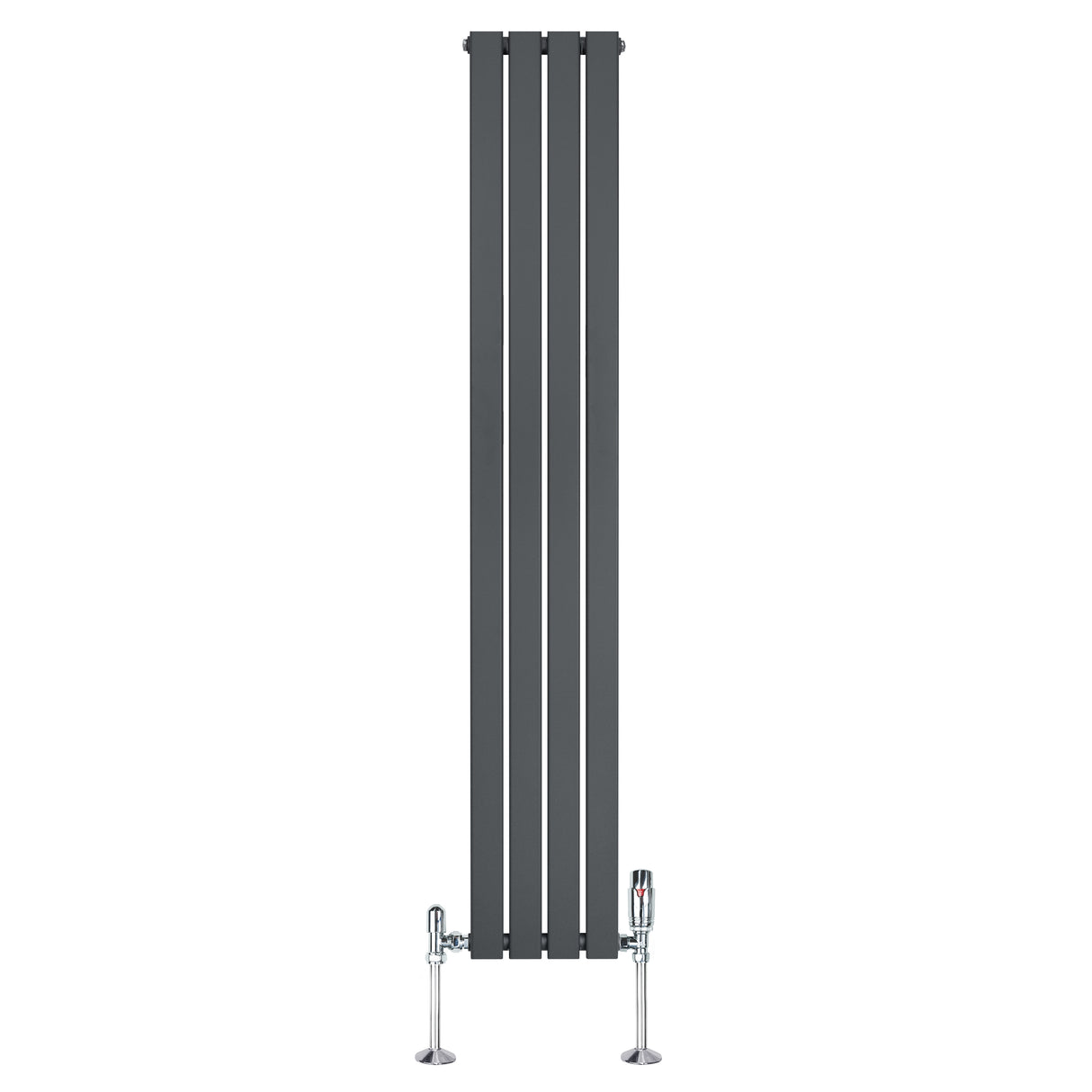 Platt enkelkolumnsradiator i antracitgrå med fyra vertikala paneler och synliga ventiler, modern design för effektiv uppvärmning