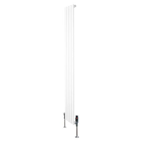 Platt, vit enkelkolumnsradiator med ventiler, 1800 mm lång och 280 mm bred, med släta ytor och moderna linjer