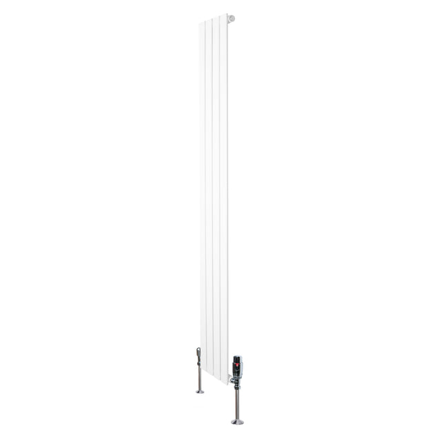 Platt, vit enkelkolumnsradiator med ventiler, 1800 mm lång och 280 mm bred, med släta ytor och moderna linjer