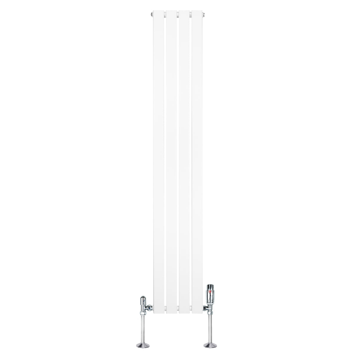 Platt, vit enkelkolumnsradiator med ventiler, 1800 mm lång och 280 mm bred, har en slät yta och modern design för effektiv värme