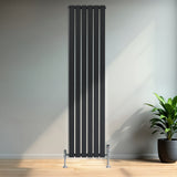 Platt enkelkolumnsradiator i antracitgrå med fem vertikala paneler, placerad mot en ljus vägg i ett modernt rum med växt