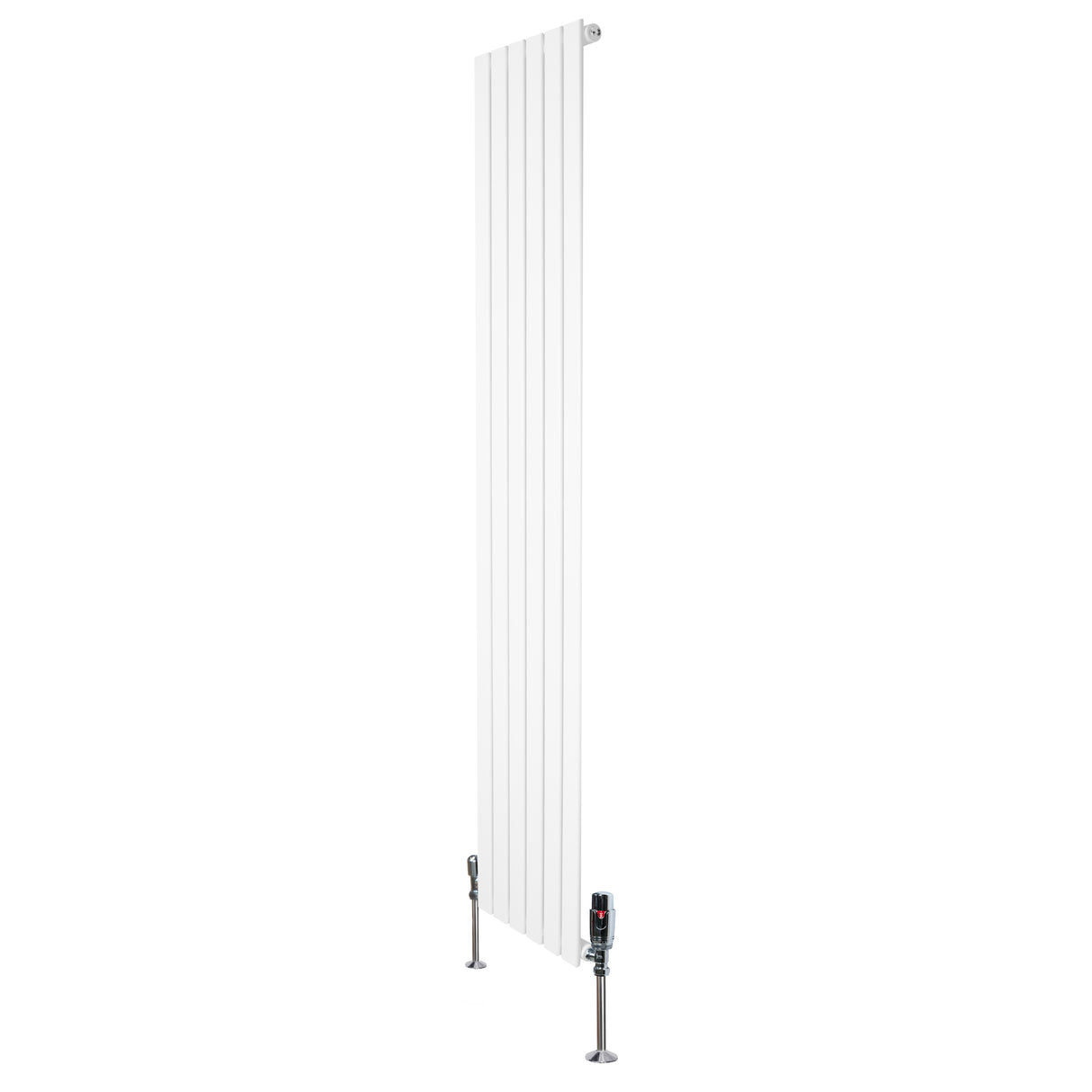 Platt enkelkolumnsradiator i vit färg, 1800 mm x 420 mm, med släta ytor och synliga ventiler för effektiv värmefördelning